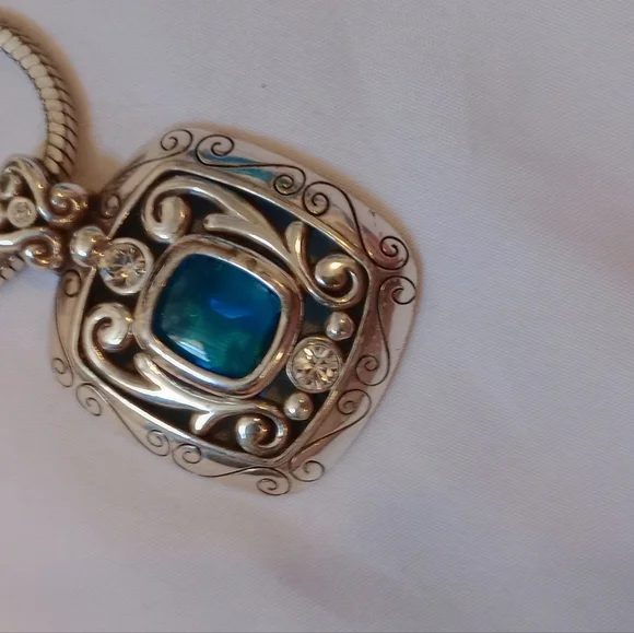 Brighton Blue Stone Scroll Pendant Necklace Silver Tone Snake Chain Elegant - Picture 7 of 12